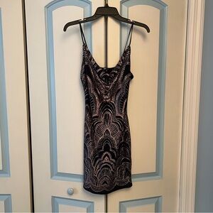 Cowl-neck Cocktail Dress, Embellished Navy and Rose Gold